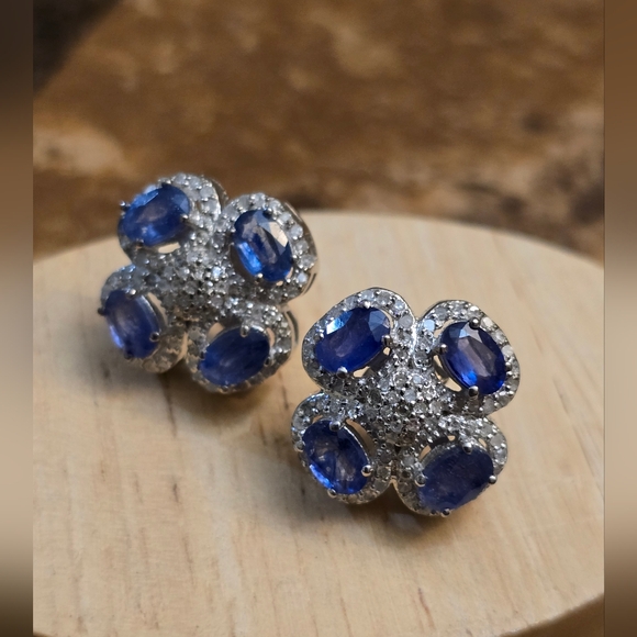 925 Sterling Silver Earrings with Natural Kyanite & Natural Diamonds Gemstones - Picture 4 of 7
